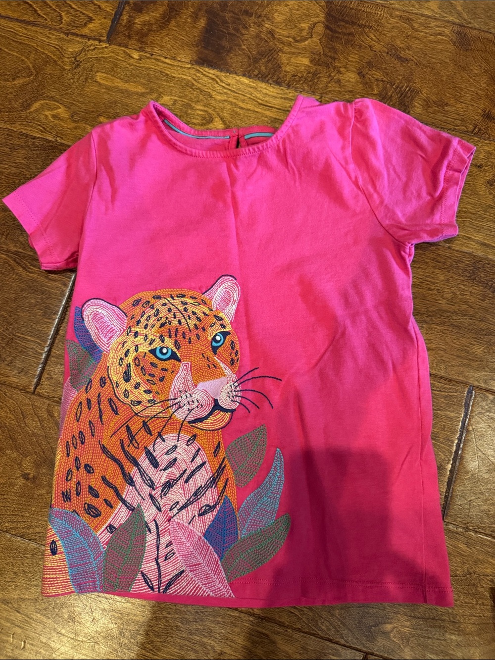 Mini Boden Bright Pink Short-Sleeve Tee with Colorful Leopard